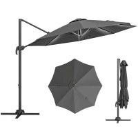 Outsunny Ombrellone a Braccio per Esterno con Luci a LED e Angolo Regolabile, in Alluminio e Poliestere Ø3x2.5 m, Grigio(m-10)