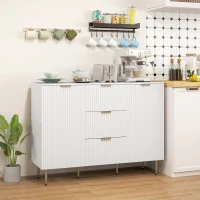 HOMCOM Buffet meuble cuisine rangement avec 3 tiroirs, étagères réglables, placards à portes cannelées, 120 x 40 x 90 cm, blanc(m-10)