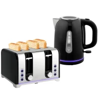 HOMCOM Kettle and Toaster Set, 1.7L 3000W Rapid Boil Jug Kettle with Otter Thermostat, Limescale Filter, 4 Slice Toaster with 7 Browning Controls, Crumb Tray, LED Strip, Black(m-11)