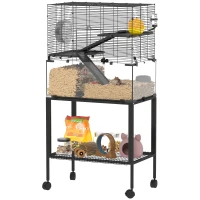 PawHut Hamsterkooi, verblijf voor kleine huisdieren met 3 niveaus, looprad, huisje, platforms, hellingen, voerschaal, waterfles, accessoires, staal, kunststof, zwart(m-11)
