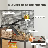 PawHut Hamsterkooi, verblijf voor kleine huisdieren met 3 niveaus, looprad, huisje, platforms, hellingen, voerschaal, waterfles, accessoires, staal, kunststof, zwart(m-4)