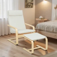 HOMCOM Sillón con Reposapiés Sillón Lectura con Respaldo Alto Reposacabezas Extraíble Patas de Madera y Tapizado en Lino Crema(m-4)