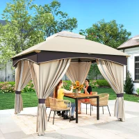 Outsunny Gazebo da Giardino 3x3m in Acciaio con Doppio Tettuccio e Tende, Beige e Grigio(m-2)