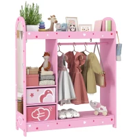 AIYAPLAY Kids Clothes Rail, Kids Wardrobe with Mirror, Shelves, Fabric Storage and Hooks for Bedroom, Nursery, Pink(m-10)