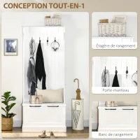 HOMCOM Meuble d'entrée 4 en 1, vestiaire d'entrée avec banc de rangement et 4 crochets doubles, 71,5 x 39,5 x 170 cm, blanc(m-4)