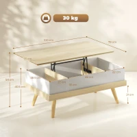 HOMCOM Tavolino da Caffè Sollevabile con 3 Scomparti di Stoccaggio Nascosti e Gambe in Legno 100x79x54 cm Naturale e Bianco(m-3)