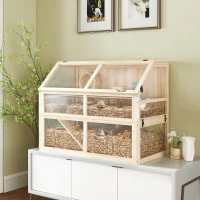 PawHut Wooden 3-Tier Hamster Cage Small Animal Cage with Seesaw, Running Wheel & House 95 x 53 x 76 cm Natural Wood(m-2)