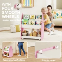 AIYAPLAY Kids Bookshelf with Toy Storage, Double-Sided Bookcase with Wheels, 3 Tier Kids Book Rack for Bedroom, Pink(m-6)