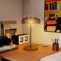 HOMCOM Lampka stołowa nowoczesna z ciepłym światłem LED, metalowa podstawa, bursztynowy szklany klosz, Lampka nocna 5 W 3000 K złota Ø23 x 40H cm(m-7)