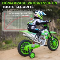 HOMCOM Moto Cross électrique pour Enfant 3 à 5 Ans 12 V 3-8 Km/h avec roulettes latérales Amovibles dim. 106,5L x 51,5l x 68H cm Vert(m-7)