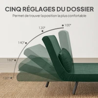 HOMCOM Canapé convertible 2 places 4 en 1, canapé-lit avec dossier réglable sur 5 niveaux, 2 coussins, 102 x 73 x 81 cm, vert(m-5)