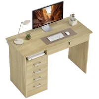 HOMCOM Moderner Schreibtisch mit 5 Schubladen, großer Platte, 1 offenem Fach, abschließbarer Schublade, 110 x 50 x 76 cm, Eiche(m-8)