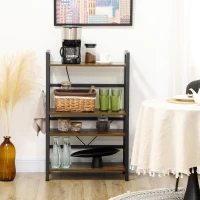 HOMCOM Étagères de cuisine meuble de rangement avec 4 étagères et 4 crochets cadre en acier noir et bois aspect marron(m-10)