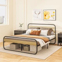 HOMCOM Lit double 160 x 200 cm, cadre de lit en acier style industriel, tête de lit et sommier inclus, aspect bois(m-10)