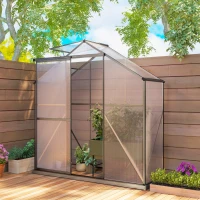 Outsunny 6 x 2.5ft Polycarbonate Greenhouse Walk-In Green House with Rain Gutter, Sliding Door, Window, Foundation, Dark Grey(m-2)