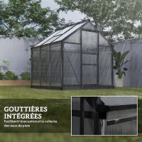 Outsunny Serre de jardin polycarbonate 3,65m² 190 x 192 x 201 cm résistant aux UV fondation renforcé gouttière Gris(m-7)