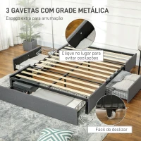 HOMCOM Estrutura de Cama Dupla 140x190 cm Estrutura Cama de Casal com 3 Gavetas e Estrutura de Metal Carga 363 kg Cinza(m-4)