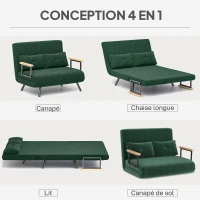 HOMCOM Canapé convertible 2 places 4 en 1, canapé-lit avec dossier réglable sur 5 niveaux, 2 coussins, 102 x 73 x 81 cm, vert(m-4)