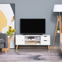 HOMCOM Meuble TV Banc TV Style scandinave Placard 2 niches 2 tiroirs Passe-Fils Panneaux Particules Blanc Bois pin(m-10)