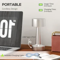 HOMCOM Cordless Table Lamp, Touch LED Desk Lamp with Rechargeable Battery, 3 Colour, for Bedroom Living Room, Silver(m-4)