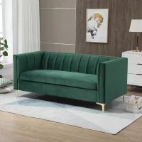 HOMCOM Canapé 3 Places Style Art Déco piètement Acier doré revêtement Velours Vert Sapin(m-8)