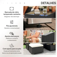 Outsunny Conjunto de Móveis de Vime de Jardim 3 Peças Sofá de 3 Lugares com Almofadas e Mesa de Centro com Bancada de Vidro Preto e Bege(m-6)