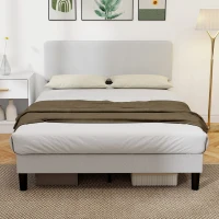 HOMCOM Structure de lit 140x200 cm avec tête de lit rembourrée réglable en hauteur et lattes, velours côtelé, Gris(m-2)