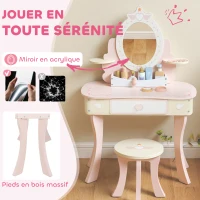 AIYAPLAY Coiffeuse enfant fille table de maquillage 2 en 1 avec 7 accessoires de jeu miroir en acrylique 59,8x29,6x89,8cm rose(m-7)