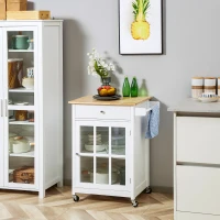 HOMCOM Desserte de cuisine à roulettes multi-rangement - placard porte vitrée avec étagère réglable, tiroir, porte-torchon - blanc aspect chêne clair(m-10)