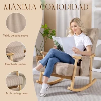 HOMCOM Silla Mecedora de Pana con Cojín Lumbar Patas y Reposabrazos de Madera de Caucho Bolsillo Estilo Moderno Marrón Claro(m-6)