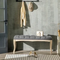 HOMCOM Banc Banquette capitonnée Style Classique 110 cm Bout de lit Rembourrée en lin piètement Bois hévéa sculpté Lin Gris(m-10)