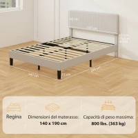 HOMCOM Structure de lit 140x200 cm avec tête de lit rembourrée réglable en hauteur et lattes, velours côtelé, Gris(m-3)