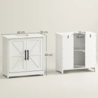 HOMCOM Meuble sous lavabo, meuble de salle de bain avec 2 portes magnétiques style grange et étagères, 60 x 30 x 60 cm, blanc(m-3)
