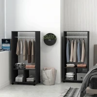 HOMCOM Lot de 2 portants à vêtements penderie mobile avec roulettes 2 niches + Grand Espace penderie en bois noir(m-10)