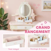 AIYAPLAY Coiffeuse enfant fille table de maquillage 2 en 1 avec 7 accessoires de jeu miroir en acrylique 59,8x29,6x89,8cm rose(m-6)