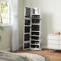 HOMCOM Espejo Joyero Giratorio 360° Organizador de Joyas con Cerradura y Espejo Pequeño Incorporado 38x38x160 cm Blanco Veteado(m-9)