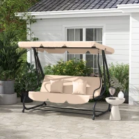 Outsunny Balancelle de jardin 3 places convertible toit inclinaison réglable 2 tablettes 2 x 1,2 x 1,64 m acier sable(m-10)