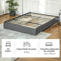 HOMCOM Estrutura de Cama Dupla 140x190 cm Estrutura Cama de Casal com 3 Gavetas e Estrutura de Metal Carga 363 kg Cinza(m-3)