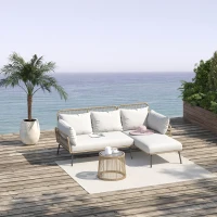 Outsunny Salon de jardin extérieur d'angle moduable 4 places en résine tressée canapé de jardin extérieur avec table basse coussins grand confort inclus crème(m-10)