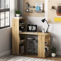 HOMCOM Bureau Informatique avec étagère de rangement Bureau d'angle bibliothèque adjacente Multi-rangements Chêne(m-10)