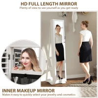 HOMCOM 360° Swivel Jewellery Cabinet, Free Standing Full Length Mirror with Storage, Lockable Jewellery Organiser with Built-in Makeup Mirror and Storage Shelves for Bedroom, White(m-8)