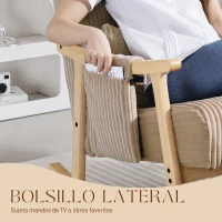 HOMCOM Silla Mecedora de Pana con Cojín Lumbar Patas y Reposabrazos de Madera de Caucho Bolsillo Estilo Moderno Marrón Claro(m-5)