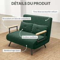 HOMCOM Canapé convertible 2 places 4 en 1, canapé-lit avec dossier réglable sur 5 niveaux, 2 coussins, 102 x 73 x 81 cm, vert(m-6)