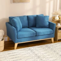 HOMCOM Canapé 2 places fauteuil salon design scandinave pieds en bois massif tissu imitaion lin 137 x 78 x 78 cm bleu(m-10)