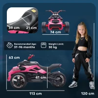 AIYAPLAY 12V Kids Electric Ride On Car with 3 Wheeler, MP3 Player, Horn, 2 Speeds, LED Lights for Boys & Girls Ages 3-8, Pink(m-3)