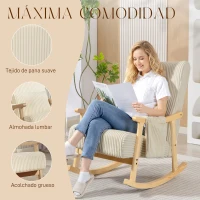 HOMCOM Silla Mecedora de Pana con Cojín Lumbar Patas y Reposabrazos de Madera de Caucho Bolsillo Estilo Moderno Beige(m-6)