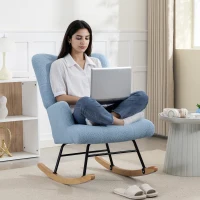 HOMCOM Silla Mecedora de Terciopelo de Teddy con Respaldo Alto Patas de Madera de Caucho Reposabrazos Azul Claro(m-8)