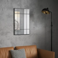 HOMCOM Miroir mural verrière rectangulaire style fenêtre, horizontal ou vertical avec 4 crochets, en métal noir - 90x60 cm(m-5)