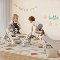 AIYAPLAY 5 in 1 Klettergerüst Montessori Indoor, Kletterdreieck mit Rutsche, Kletterbogen, doppelseitige Rampe, Spielplatz Indoor für Kinder 18-48 Monate, Grau+Weiß(m-2)