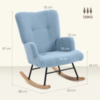 HOMCOM Silla Mecedora de Terciopelo de Teddy con Respaldo Alto Patas de Madera de Caucho Reposabrazos Azul Claro(m-3)